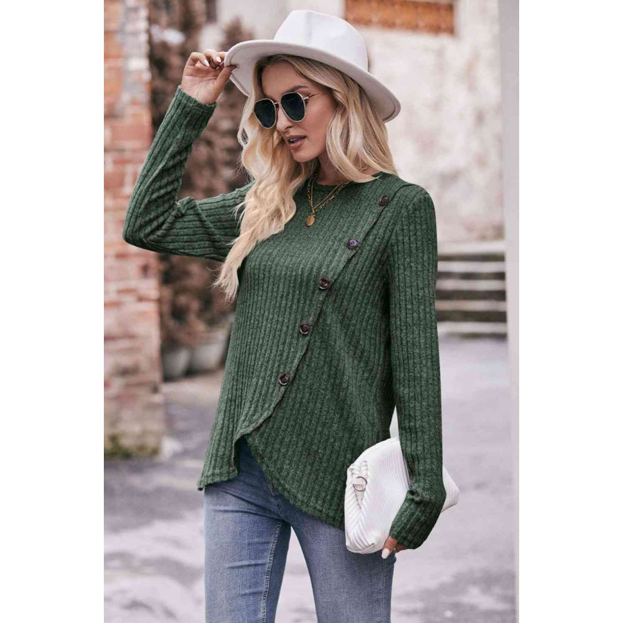 Double Take Ribbed Round Neck Buttoned Long Sleeve Tee Shirts & Tops
