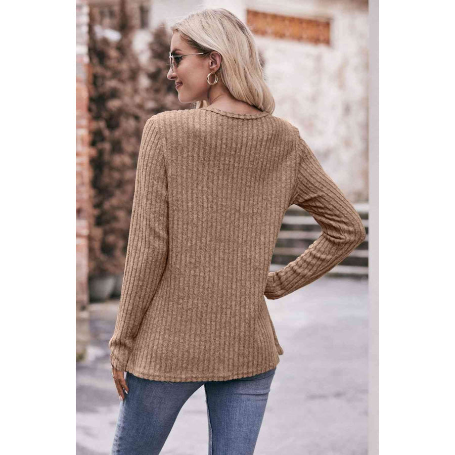 Double Take Ribbed Round Neck Buttoned Long Sleeve Tee Shirts & Tops