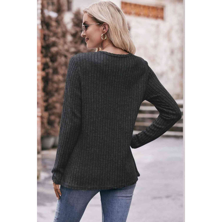 Double Take Ribbed Round Neck Buttoned Long Sleeve Tee Shirts & Tops