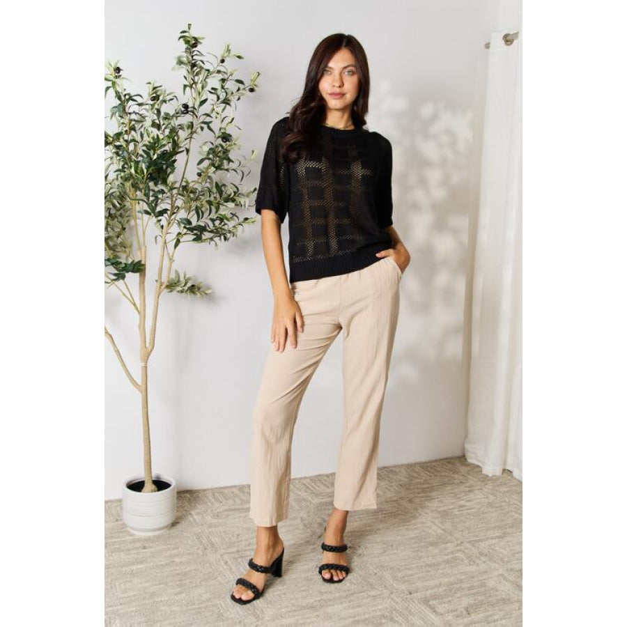 Double Take Ribbed Trim Round Neck Knit Top Apparel and Accessories