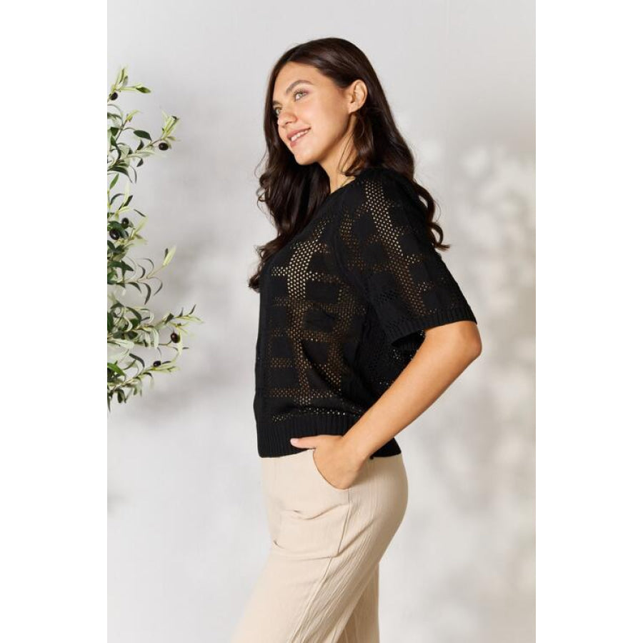 Double Take Ribbed Trim Round Neck Knit Top Apparel and Accessories