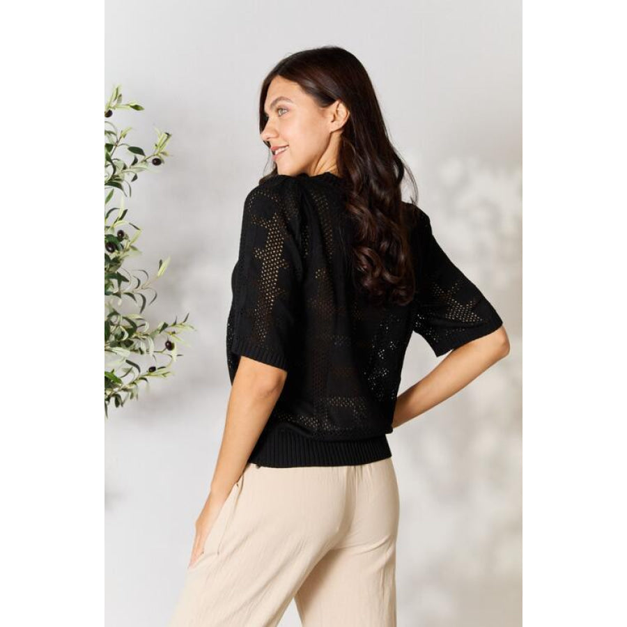 Double Take Ribbed Trim Round Neck Knit Top Apparel and Accessories