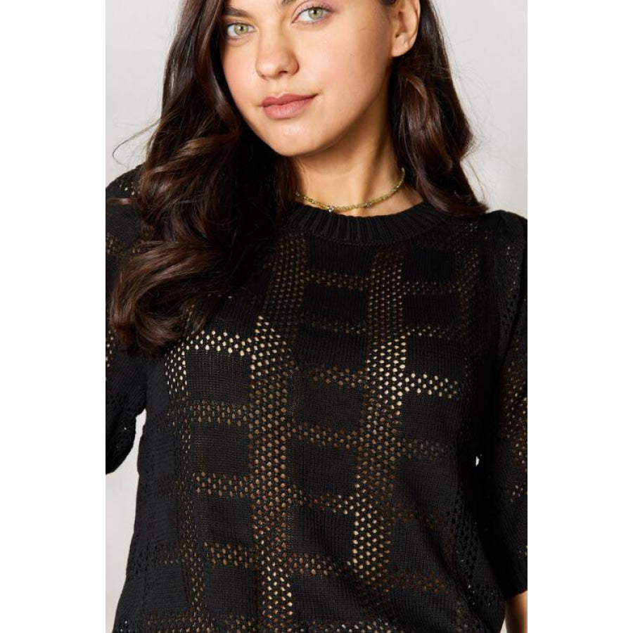 Double Take Ribbed Trim Round Neck Knit Top Apparel and Accessories