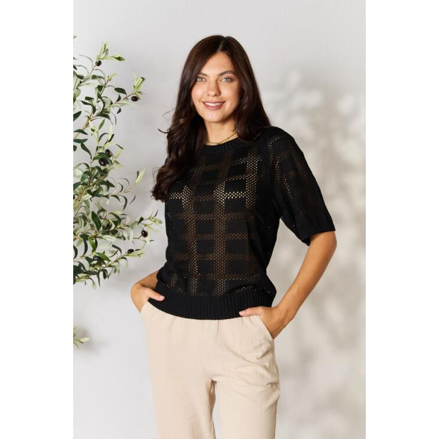 Double Take Ribbed Trim Round Neck Knit Top Apparel and Accessories