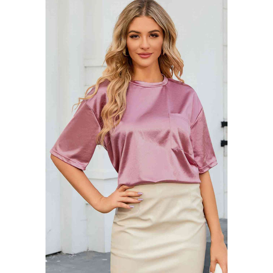 Double Take Round Neck Dropped Shoulder Top Dusty Pink / S Shirts & Tops