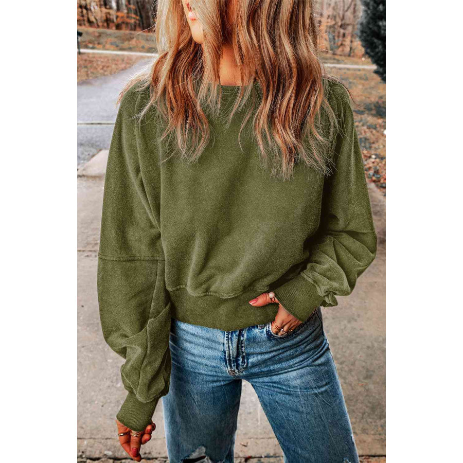 Double Take Round Neck Open Back Sweatshirt Matcha Green / S Sweatshirt