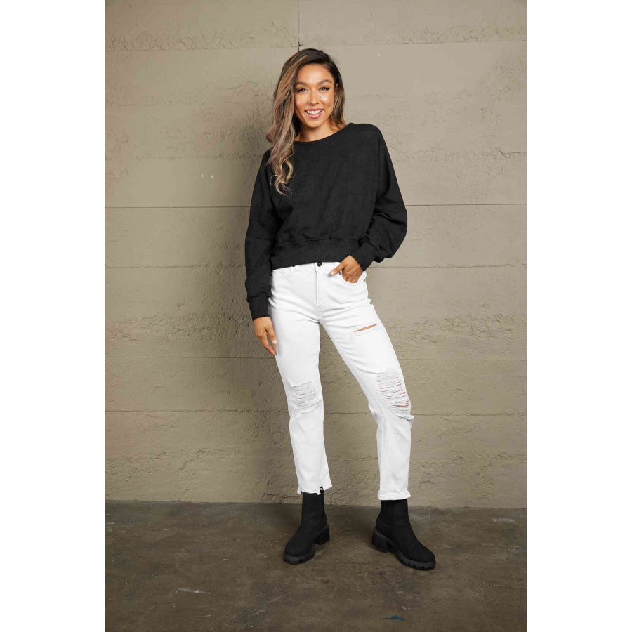 Double Take Round Neck Open Back Sweatshirt Sweatshirt