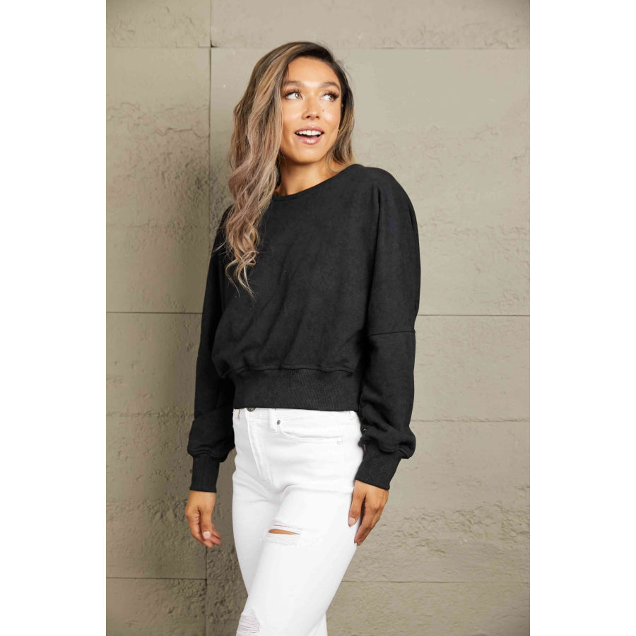 Double Take Round Neck Open Back Sweatshirt Sweatshirt