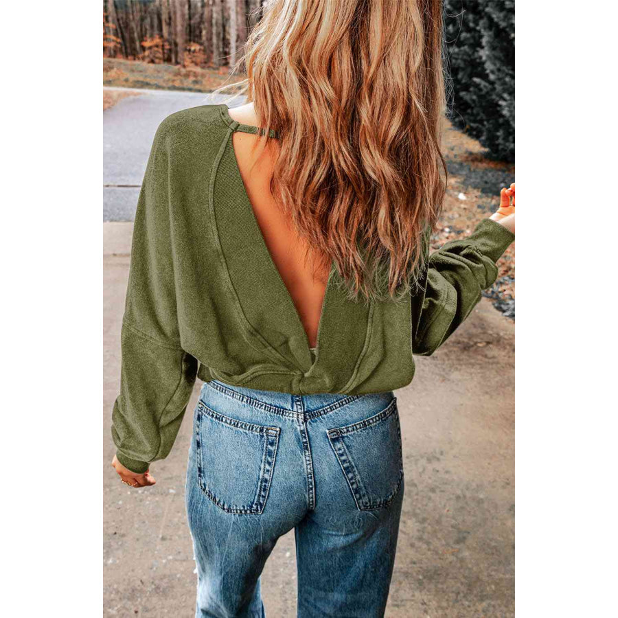 Double Take Round Neck Open Back Sweatshirt Sweatshirt