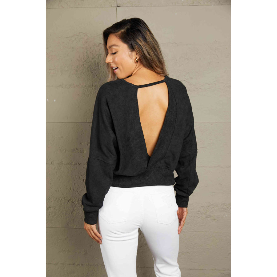 Double Take Round Neck Open Back Sweatshirt Sweatshirt