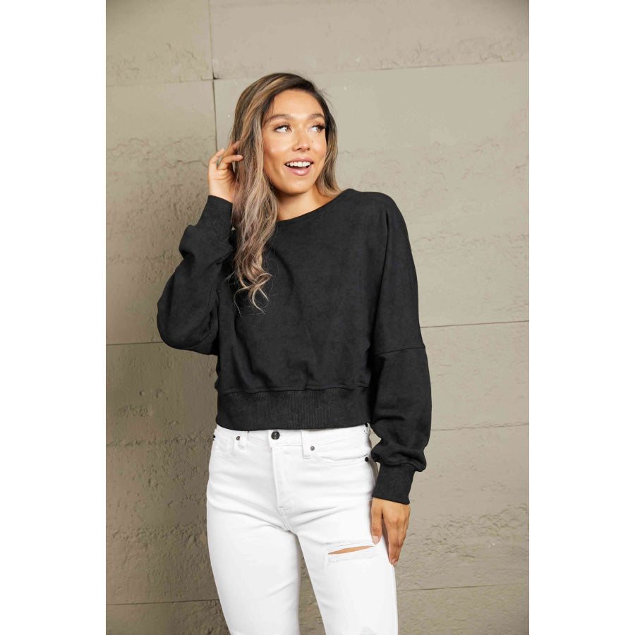 Double Take Round Neck Open Back Sweatshirt Sweatshirt