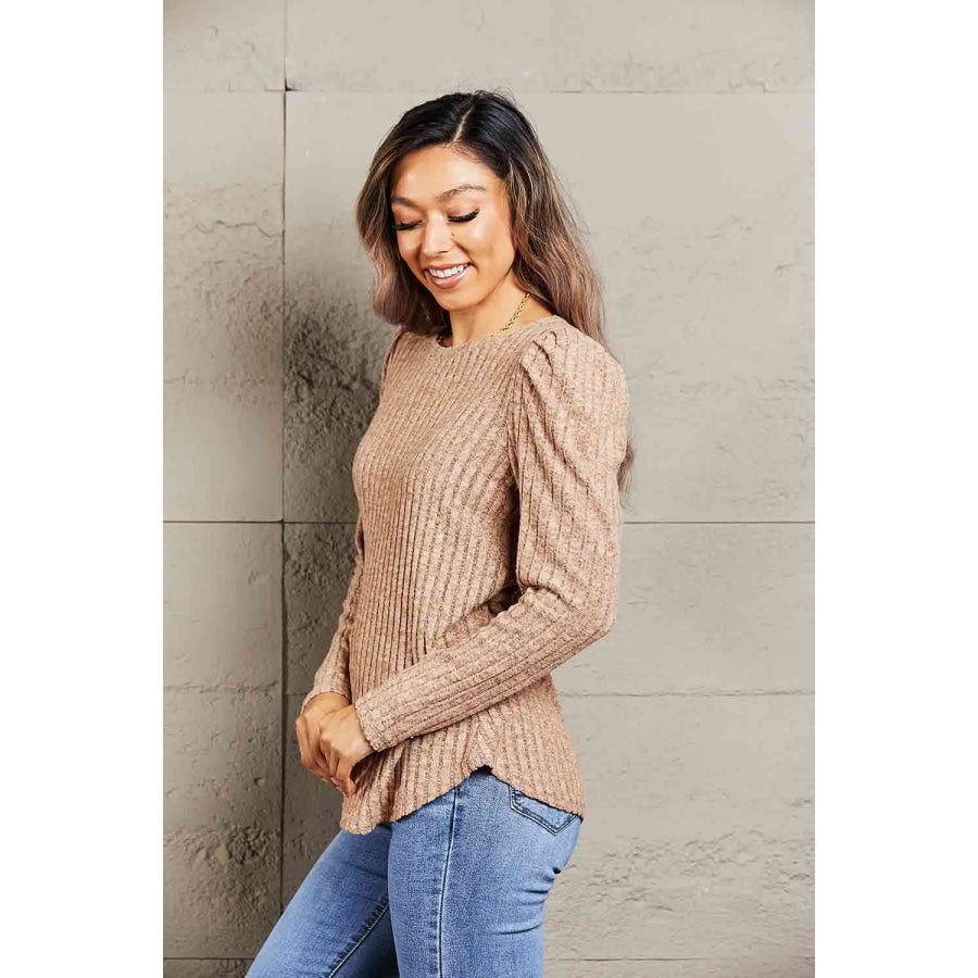 Double Take Round Neck Puff Sleeve Ribbed Top Apparel and Accessories