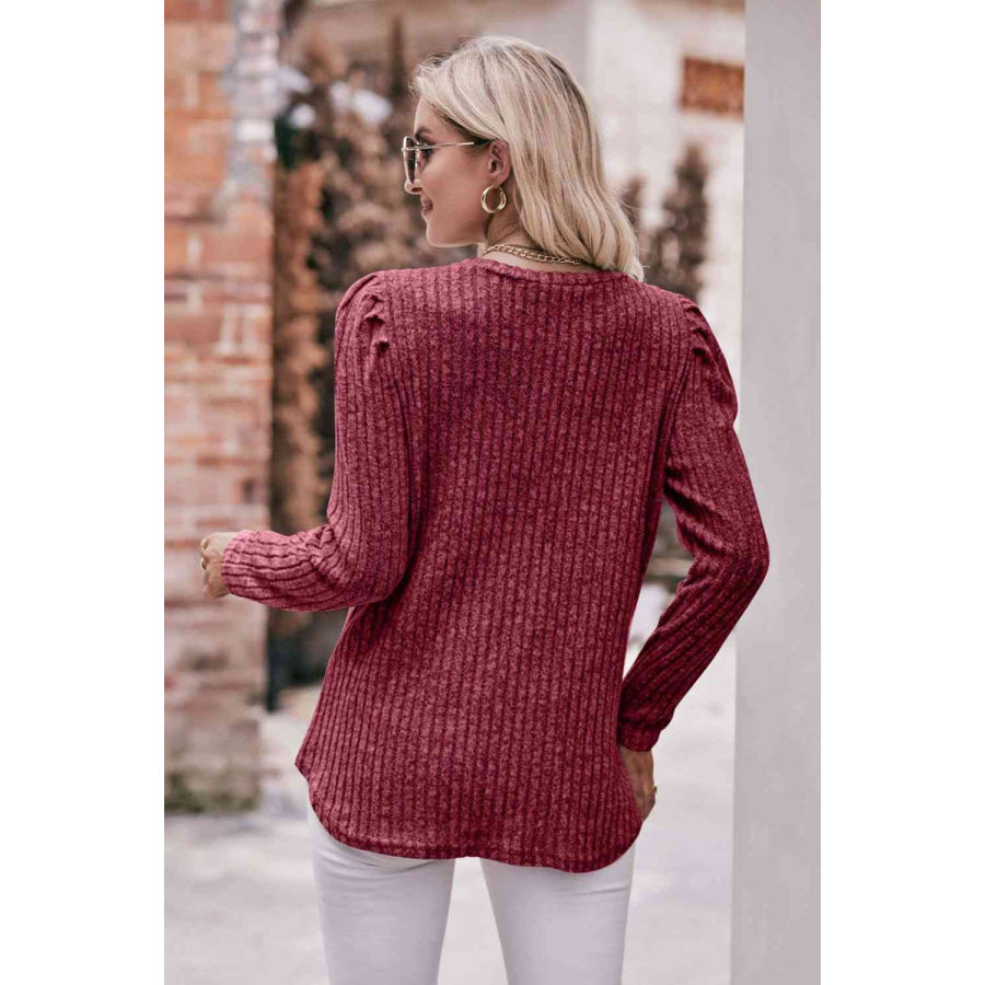 Double Take Round Neck Puff Sleeve Ribbed Top Apparel and Accessories
