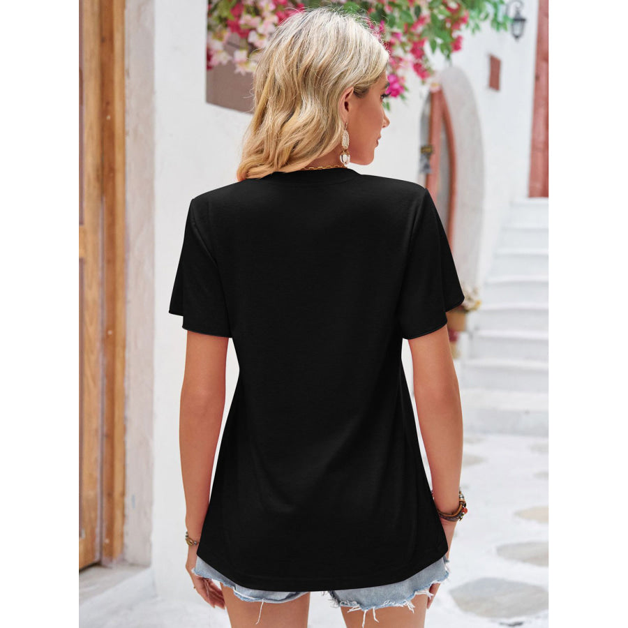 Double Take Ruched V - Neck Short Sleeve T - Shirt Apparel and Accessories