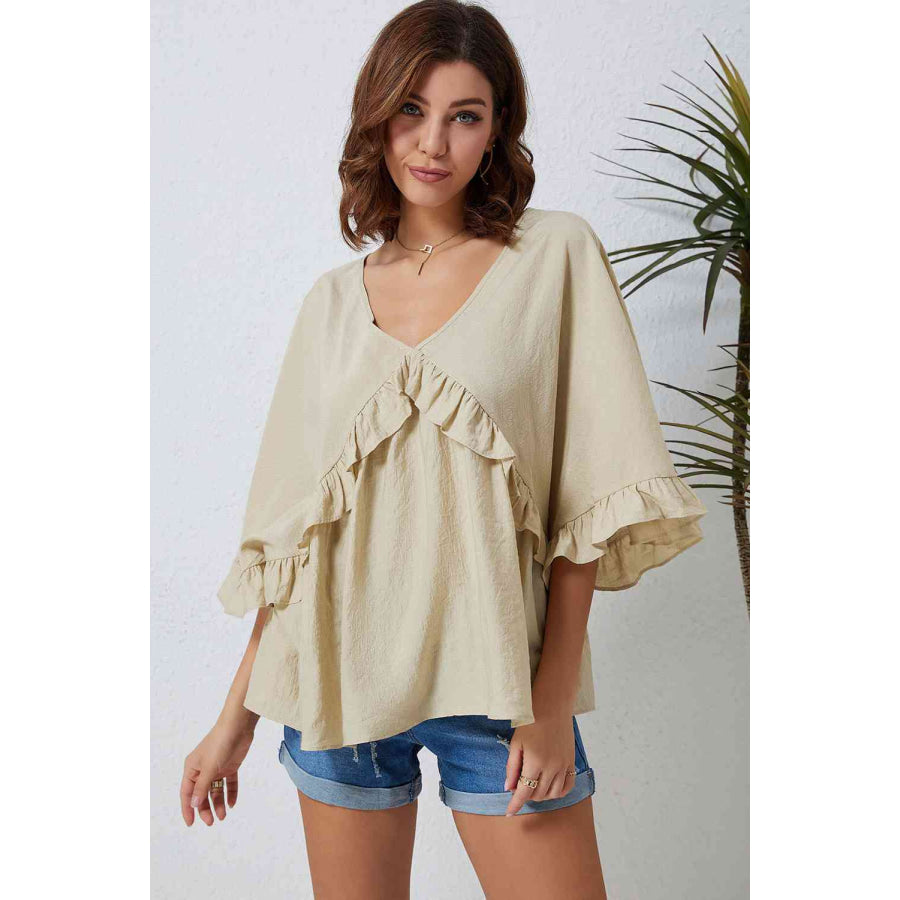 Double Take Ruffled V-Neck Half Sleeve Blouse Beige / S Shirts & Tops
