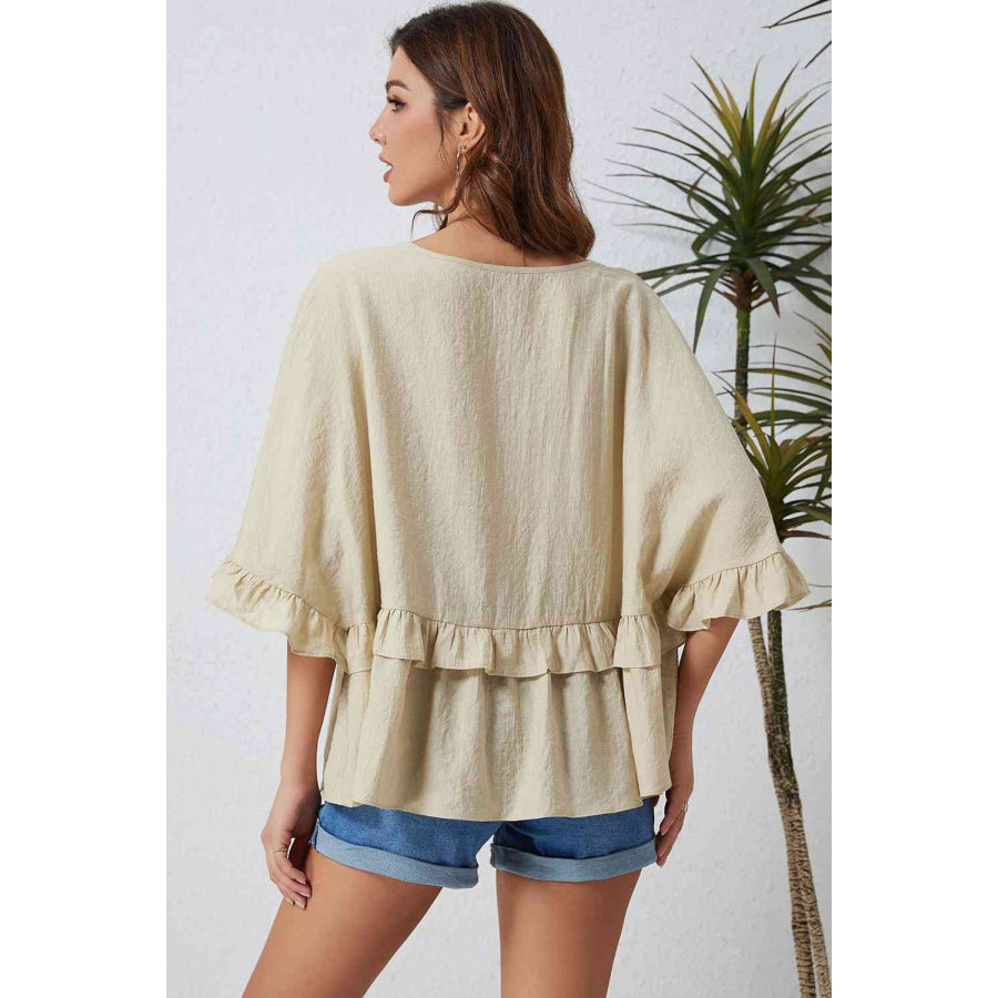 Double Take Ruffled V-Neck Half Sleeve Blouse Shirts & Tops
