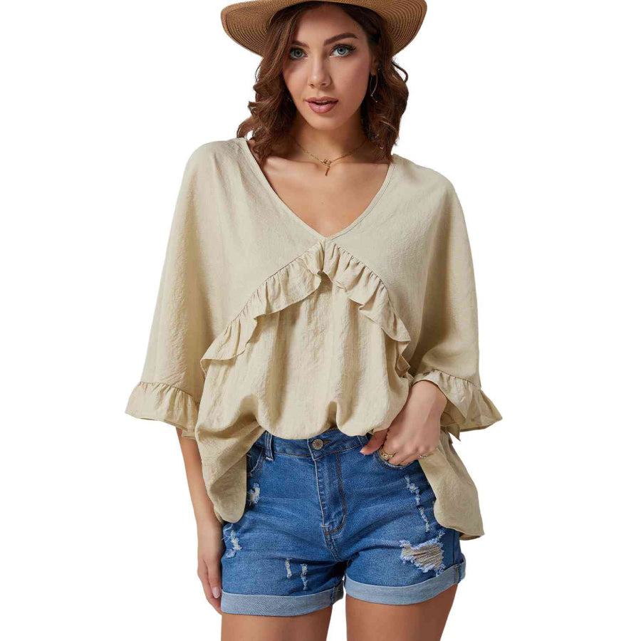 Double Take Ruffled V-Neck Half Sleeve Blouse Shirts & Tops