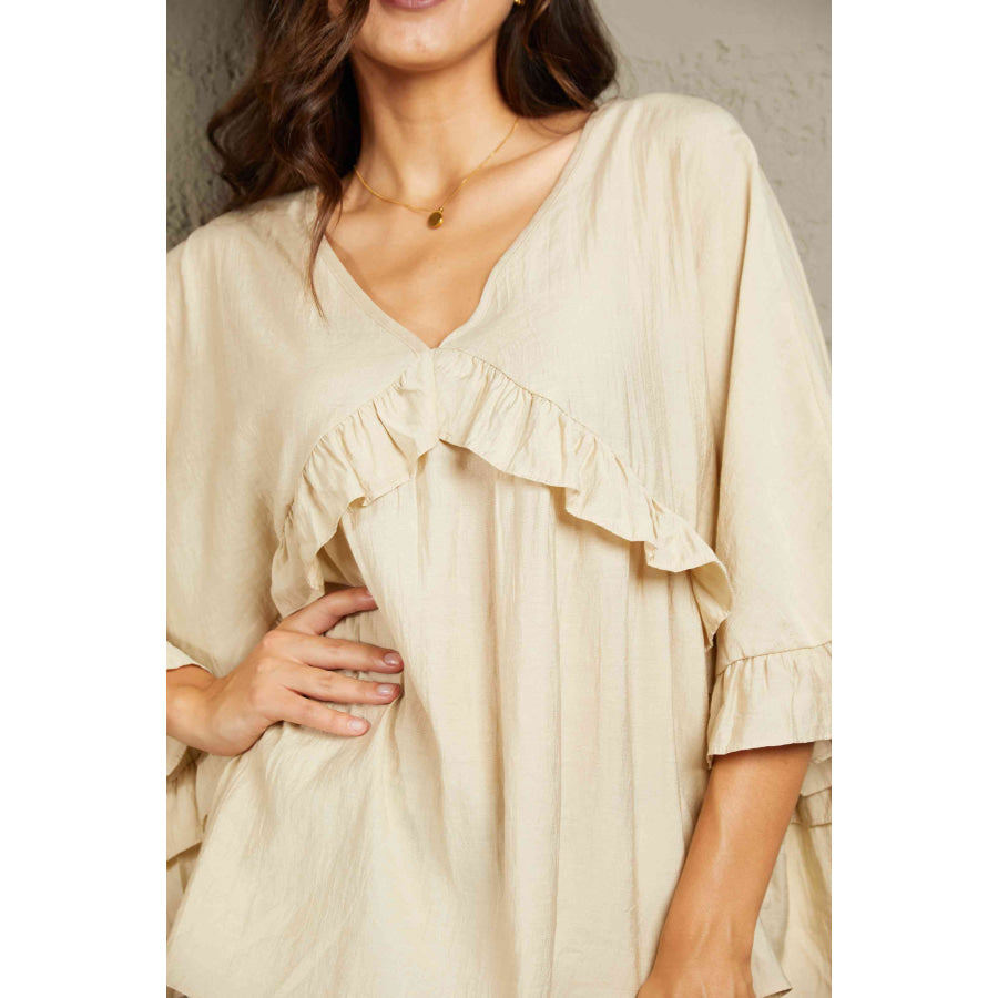 Double Take Ruffled V-Neck Half Sleeve Blouse Shirts & Tops