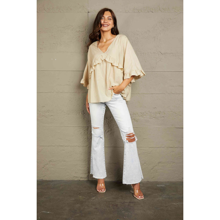 Double Take Ruffled V-Neck Half Sleeve Blouse Shirts & Tops
