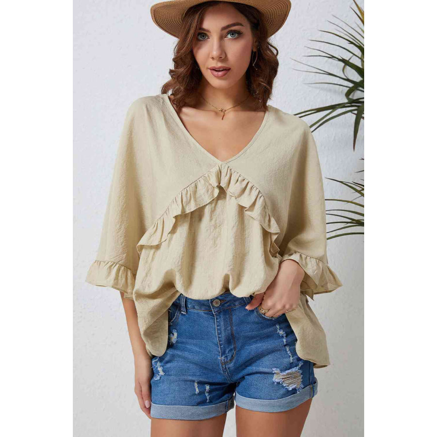 Double Take Ruffled V-Neck Half Sleeve Blouse Shirts & Tops
