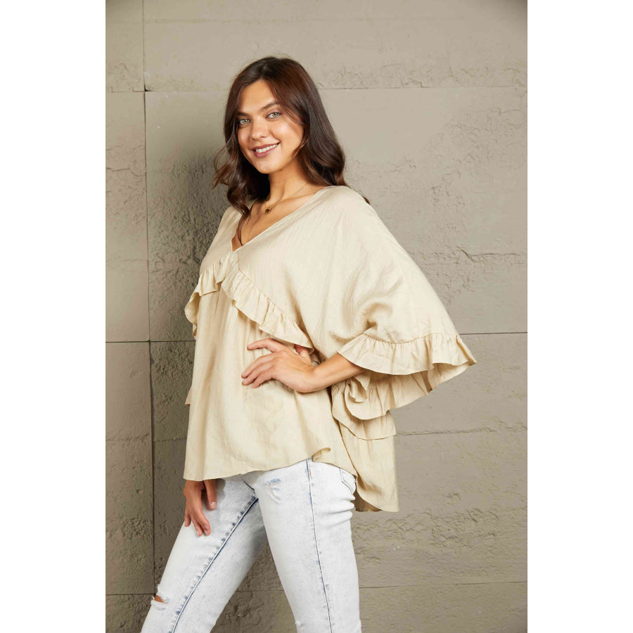 Double Take Ruffled V-Neck Half Sleeve Blouse Shirts & Tops