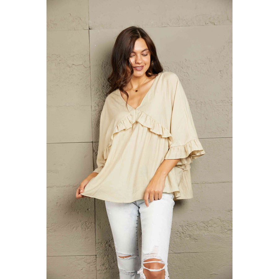 Double Take Ruffled V-Neck Half Sleeve Blouse Shirts & Tops