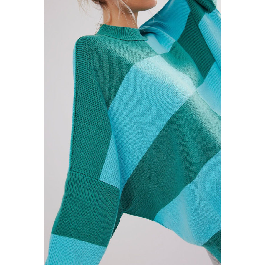 Double Take Slit Color Block Mock Neck Batwing Sleeve Sweater Apparel and Accessories