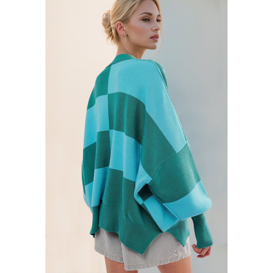 Double Take Slit Color Block Mock Neck Batwing Sleeve Sweater Apparel and Accessories