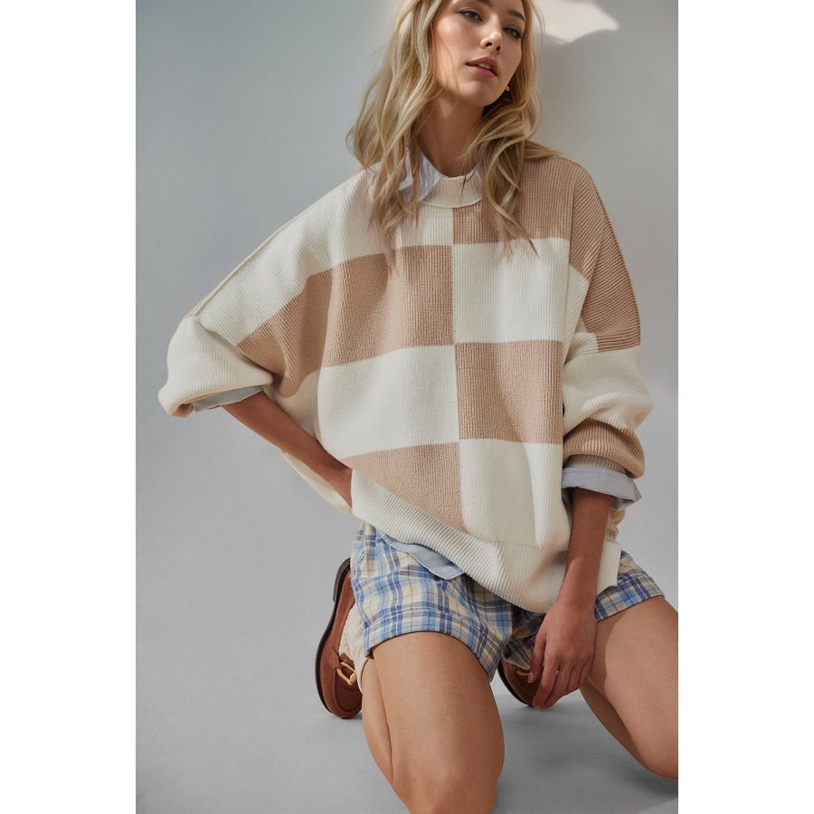 Double Take Slit Color Block Mock Neck Batwing Sleeve Sweater Apparel and Accessories