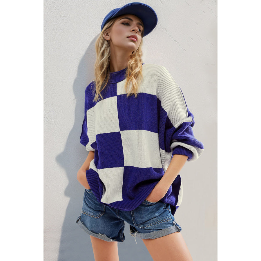 Double Take Slit Color Block Mock Neck Batwing Sleeve Sweater Apparel and Accessories