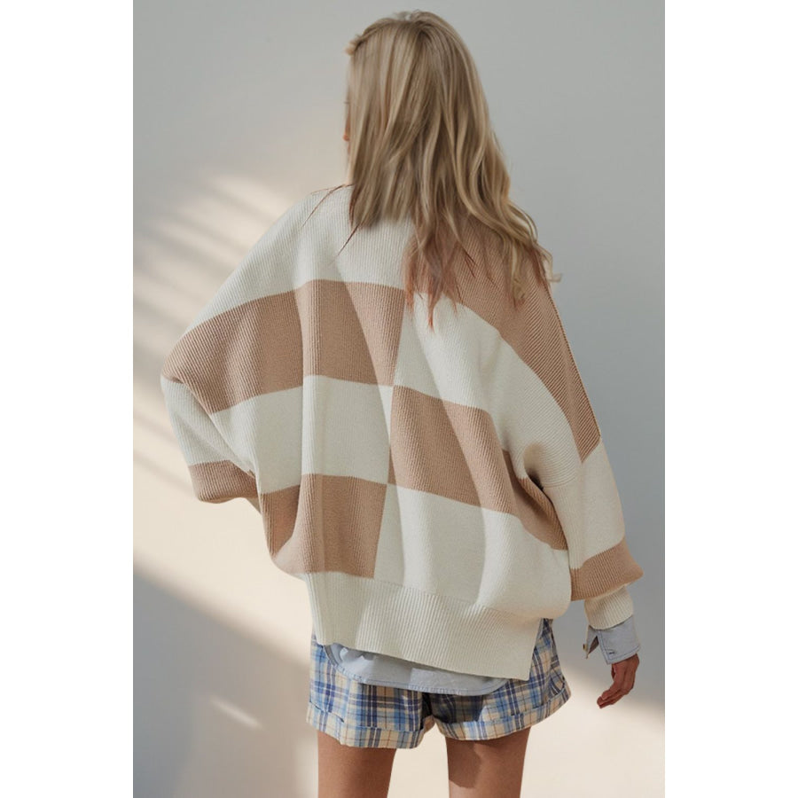 Double Take Slit Color Block Mock Neck Batwing Sleeve Sweater Apparel and Accessories