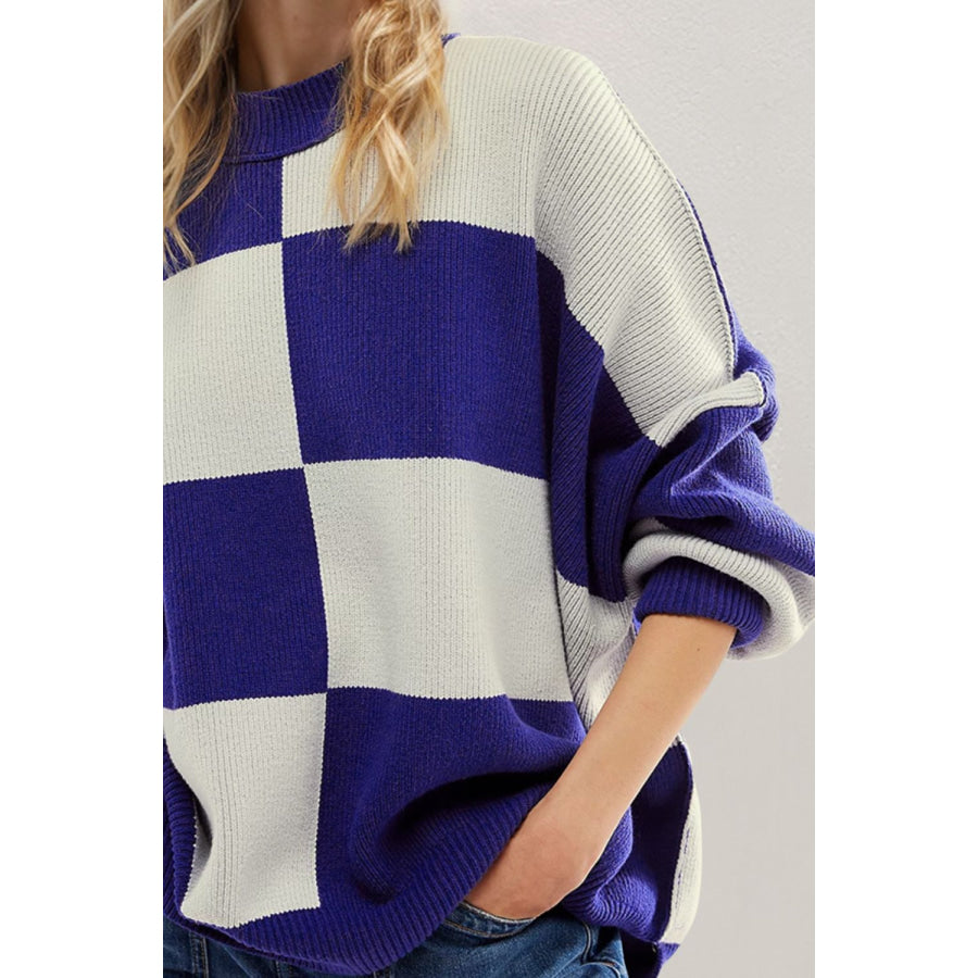 Double Take Slit Color Block Mock Neck Batwing Sleeve Sweater Apparel and Accessories