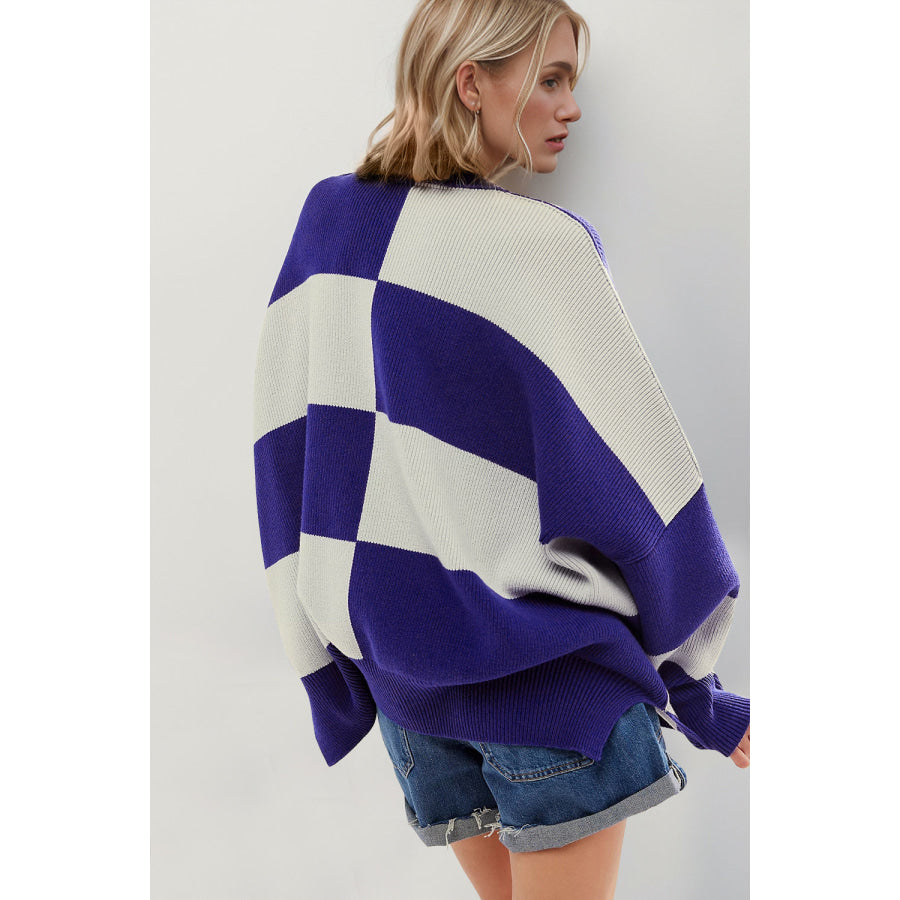 Double Take Slit Color Block Mock Neck Batwing Sleeve Sweater Apparel and Accessories