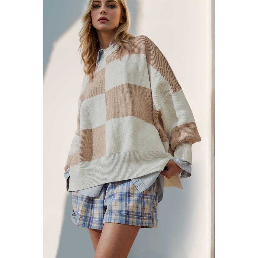 Double Take Slit Color Block Mock Neck Batwing Sleeve Sweater Tan / S Apparel and Accessories