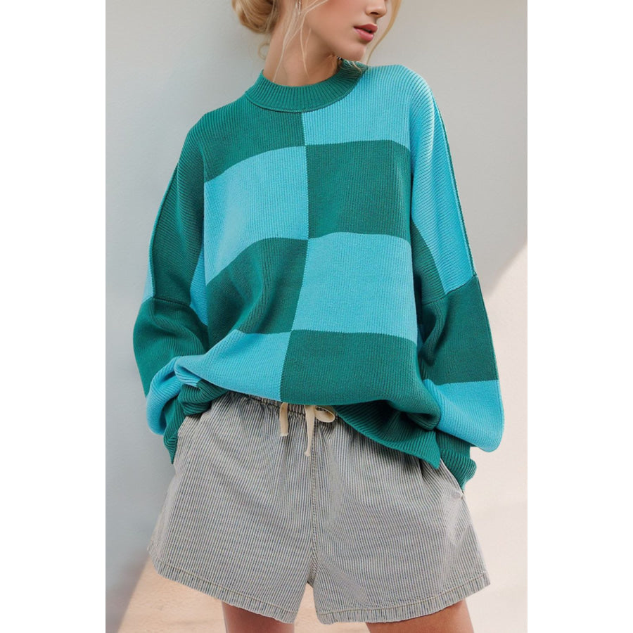 Double Take Slit Color Block Mock Neck Batwing Sleeve Sweater Tiffany Blue / S Apparel and Accessories