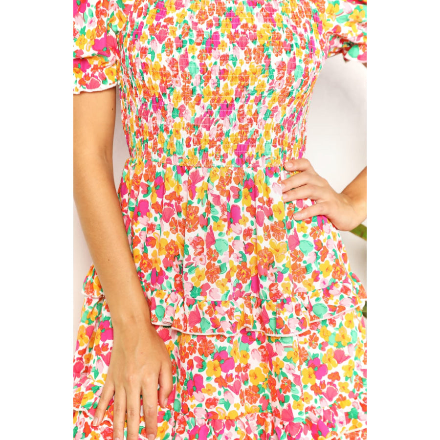 Double Take Smocked Sweetheart Neck Flounce Sleeve Mini Dress