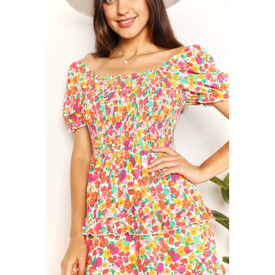 Double Take Smocked Sweetheart Neck Flounce Sleeve Mini Dress