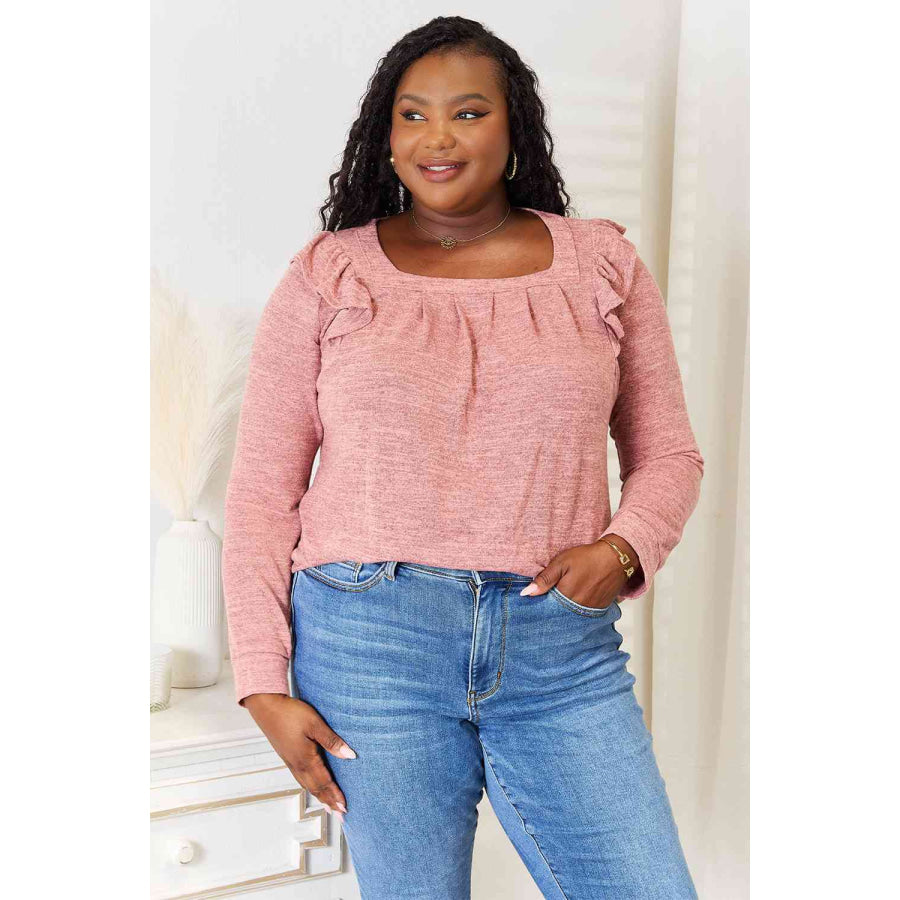 Double Take Square Neck Ruffle Shoulder Long Sleeve T-Shirt Light Mauve / S