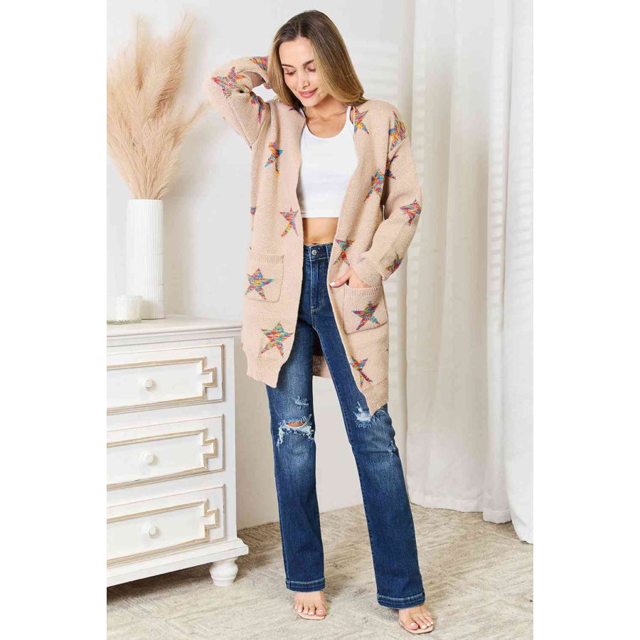 Double Take Star Pattern Open Front Longline Cardigan Apparel and Accessories