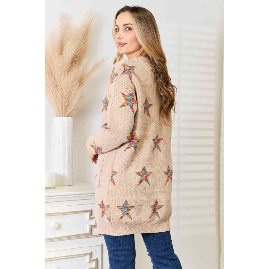 Double Take Star Pattern Open Front Longline Cardigan Apparel and Accessories