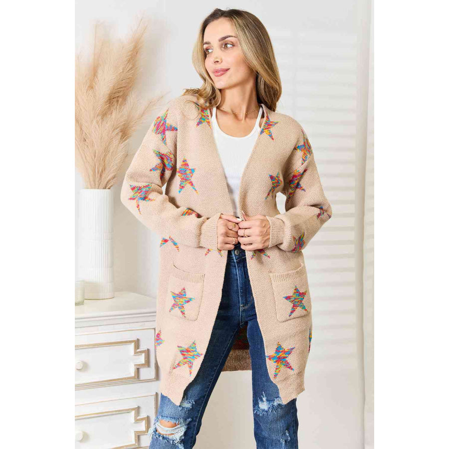 Double Take Star Pattern Open Front Longline Cardigan Mocha / S Apparel and Accessories
