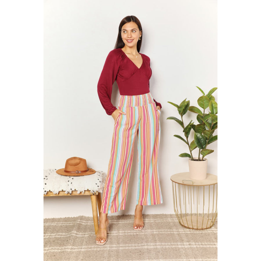 Double Take Striped Smocked Waist Pants with Pockets