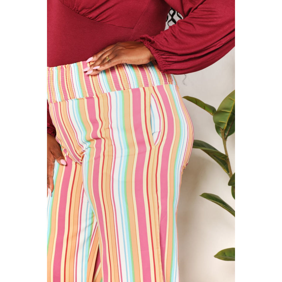 Double Take Striped Smocked Waist Pants with Pockets