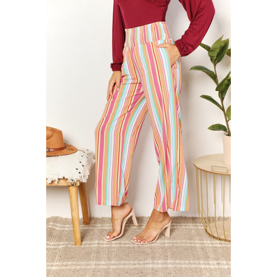 Double Take Striped Smocked Waist Pants with Pockets