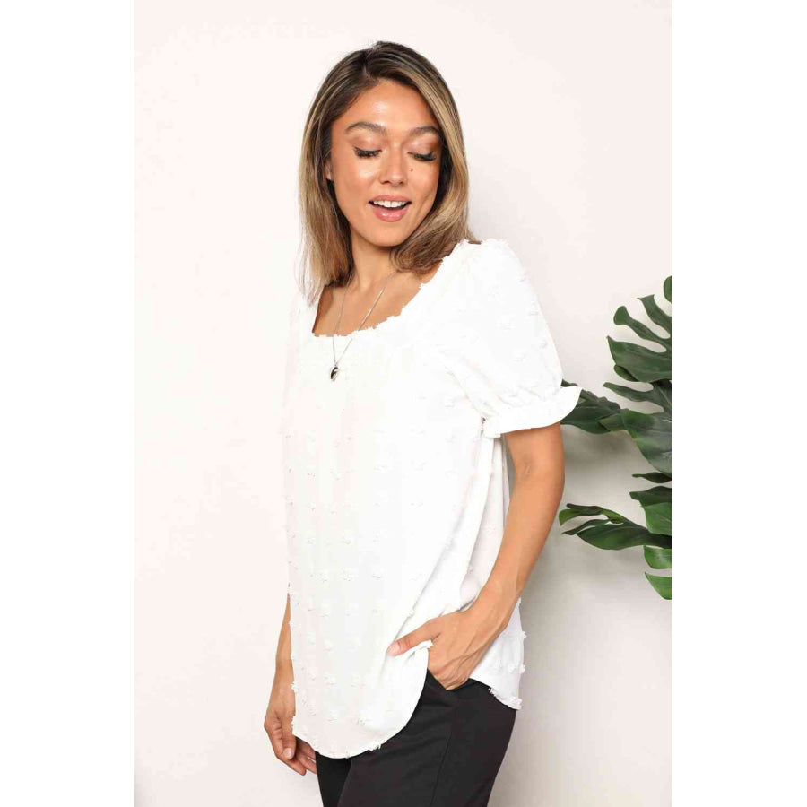 Double Take Swiss Dot Puff Sleeve Square Neck Blouse Shirts & Tops