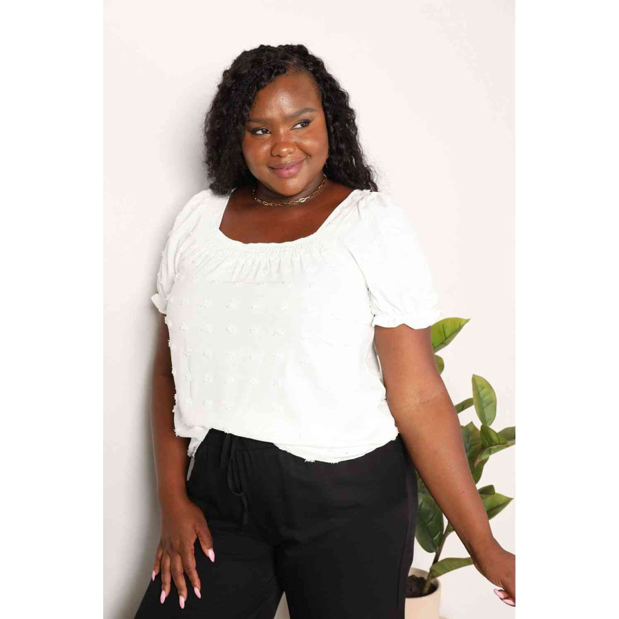 Double Take Swiss Dot Puff Sleeve Square Neck Blouse Shirts & Tops