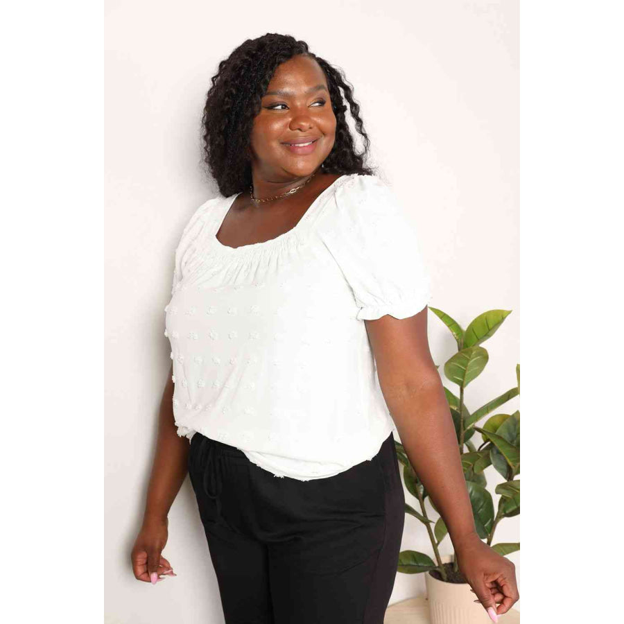 Double Take Swiss Dot Puff Sleeve Square Neck Blouse Shirts & Tops