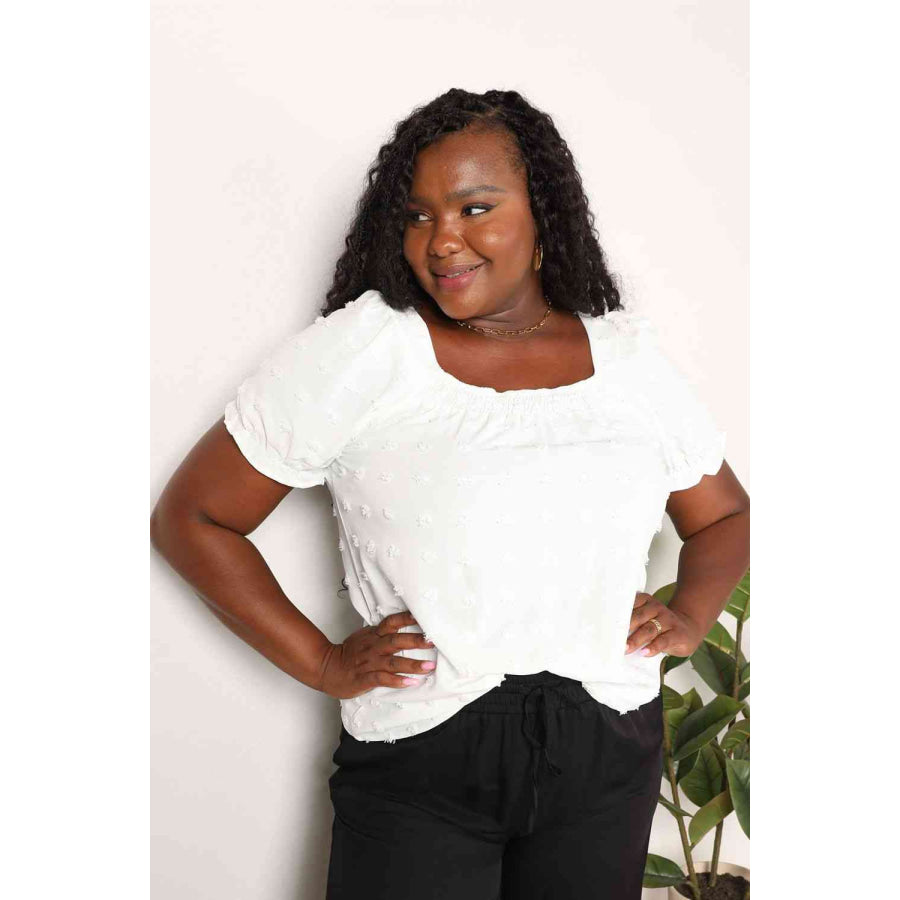 Double Take Swiss Dot Puff Sleeve Square Neck Blouse Shirts & Tops