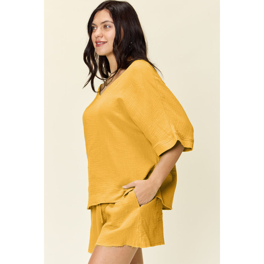 Double Take Texture Half Sleeve T-Shirt and Drawstring Shorts Set Apparel and Accessories