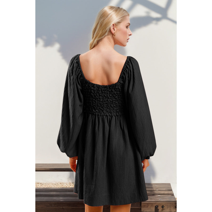 Double Take Texture Smocked Balloon Sleeve Mini Dress Black / S Apparel and Accessories